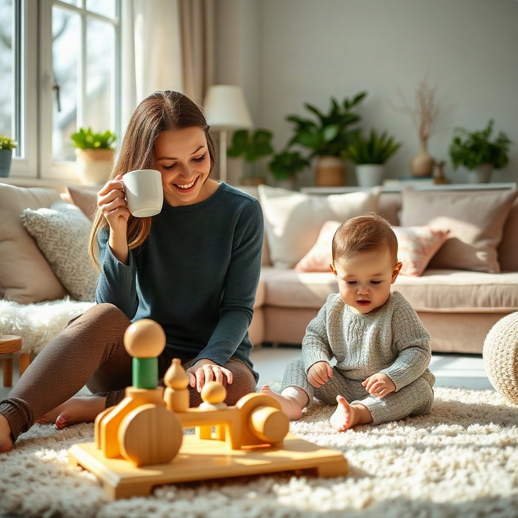 Mãe tomando café enquanto bebê brinca